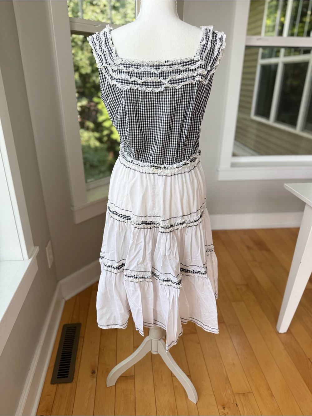 Vintage Handmade Black & White Gingham Tiered Cotton Midi Dress FLAW